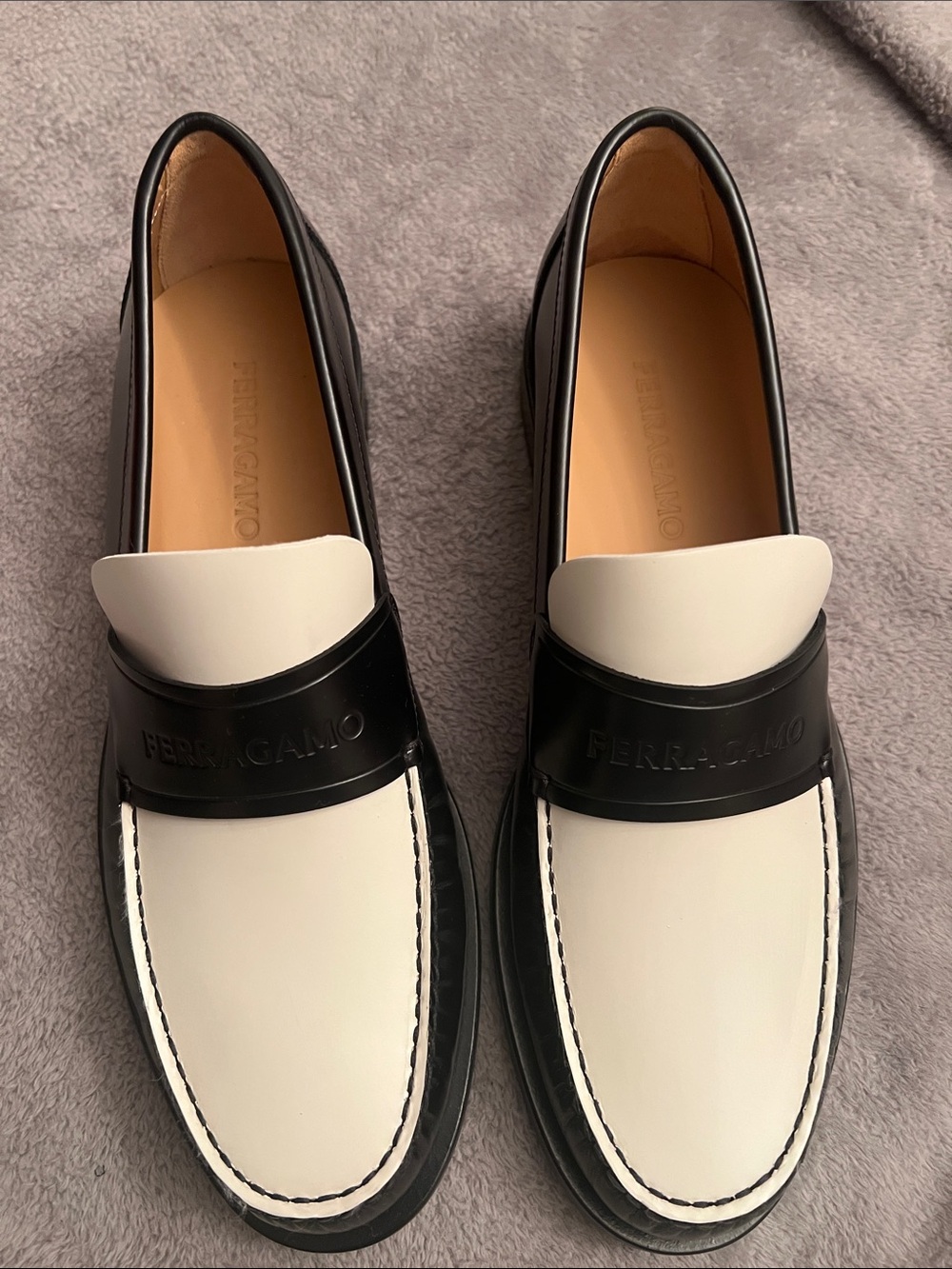 Salvatore Ferragamo Black and White Leather Penny Loafers